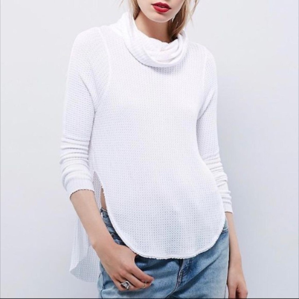 Free People White Waffle Thermal We the Free Cowlneck Long Sleeve Sweater XS